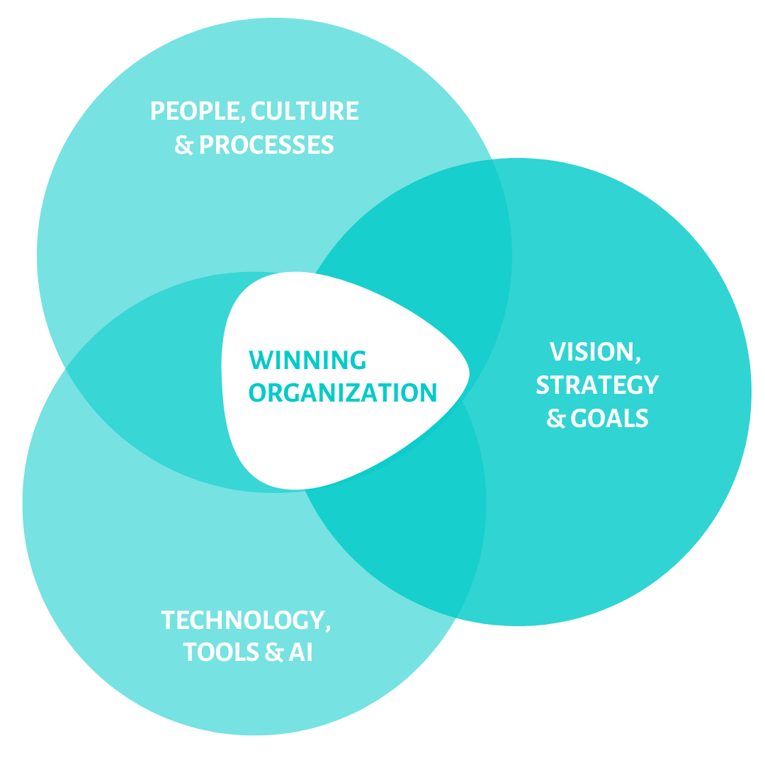 Venn-Diagramm: People, Culture & Processes – Vision, Strategy & Goals – Technology, Tools & AI ergeben die Winning Organization