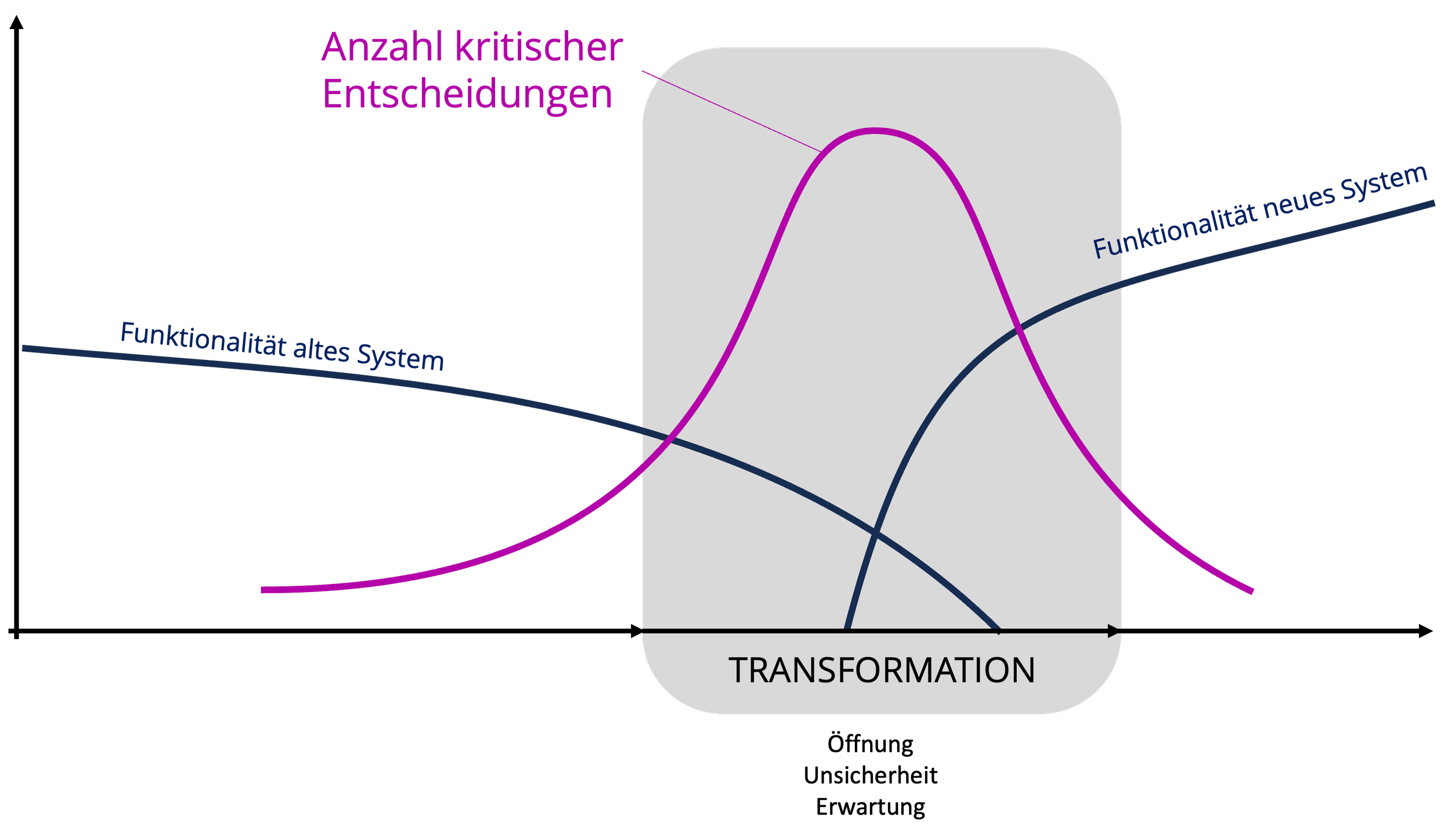 Grafik: Anzahl kritischer Entscheidungen steigt in der Transformation, während die Funktionalität des alten Systems sinkt und die des neuen steigt