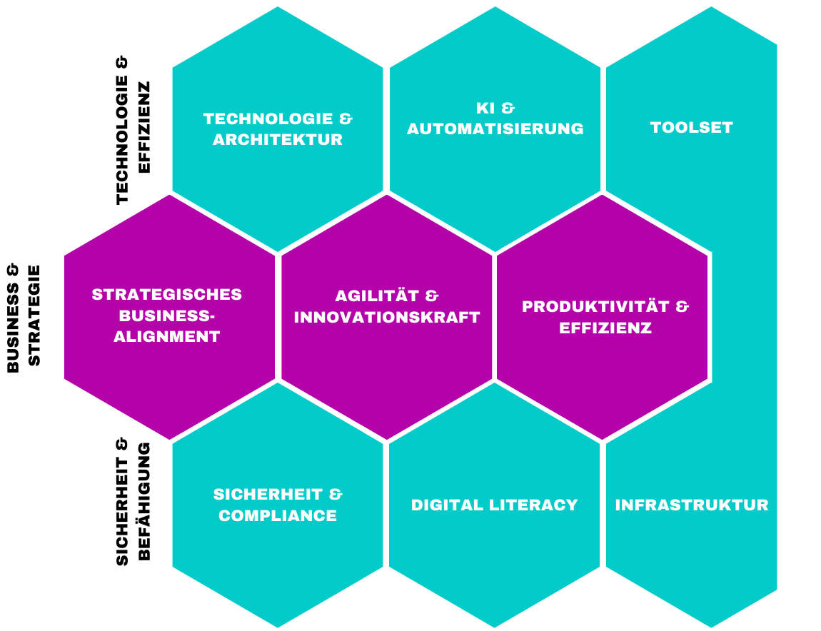Waben-Grafik der acht Bereiche: Technologie & Architektur, KI & Automatisierung, Toolset, Strategisches Business-Alignment, Agilität & Innovationskraft, Produktivität & Effizienz, Sicherheit & Compliance, Digital Literacy, Infrastruktur