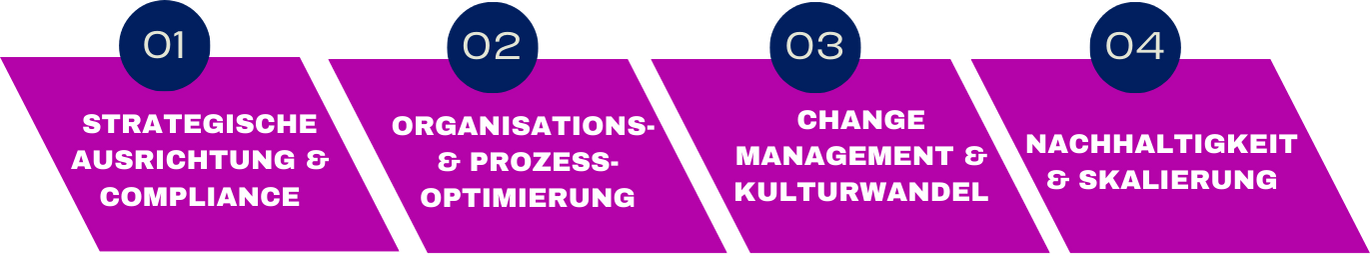 Vier Phasen: 01 Strategische Ausrichtung & Compliance, 02 Organisations- & Prozessoptimierung, 03 Change Management & Kulturwandel, 04 Nachhaltigkeit & Skalierung